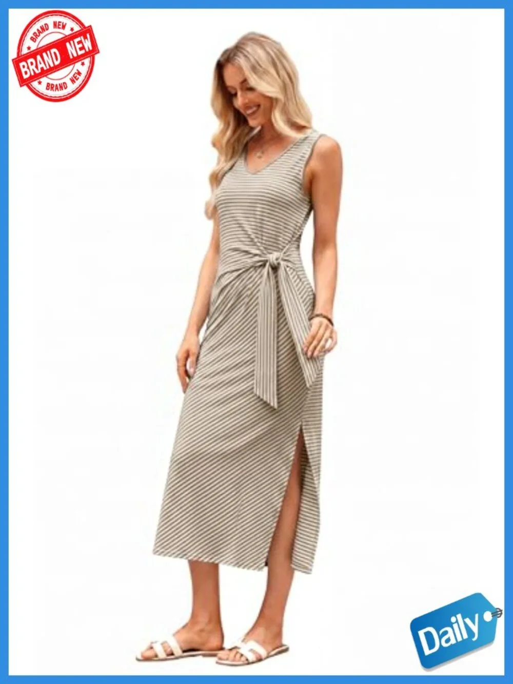 V Neck Sleeveless Wrap Midi Dress with Side Slit Tie Waist
